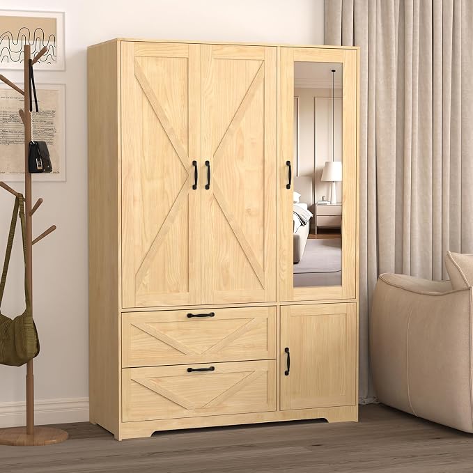 3 Doors Armoire Wardrobe Closet with Mirror Door and LED Lights,Bedroom Armoire with Drawers,Large Capacity Freestanding Armoire with Hanging Rod,Adjustable Shelves and Hooks(Natural)