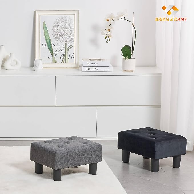 BRIAN & DANY Small Foot Stool, Linen Foot Stools with Legs, Stable Small Footstool for Living Room, Grey