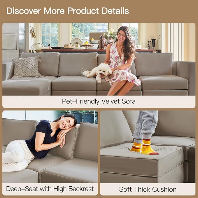 Belffin Modular Sectional Sofa with Reversible Chaises Velvet U Shaped Sectional Couch with Storage Seat Grey