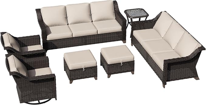 7 Pieces Patio Conversation Furniture Set - 2 Sofas, 2 Ottomans, 2 Swivel Chairs, 1 Side Table, Outdoor Wicker Furniture with Removable Cushions for Porch, Balcony, Sunroom (Beige)