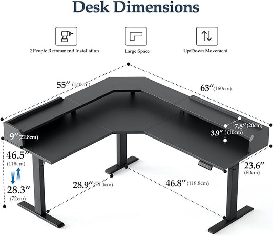 Klicelor L Shaped Electric Standing Desk 63 x 55 inch with Shelf, Height Adjustable Corner Desk, Sit Stand Desk with Storage Shelf, Home Office Computer Table, Black