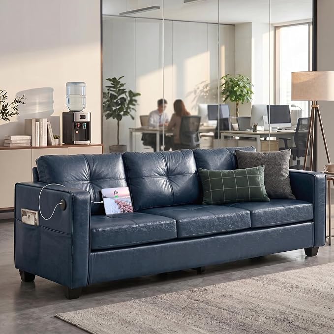 TYBOATLE Faux Leather Couch w/Side Pockets, Mid-Century Modern Tufted Comfy Leather Couches w/USB and Wider Arms, 3 Seater Sofa for Office, Apartment, Bedroom, Blue