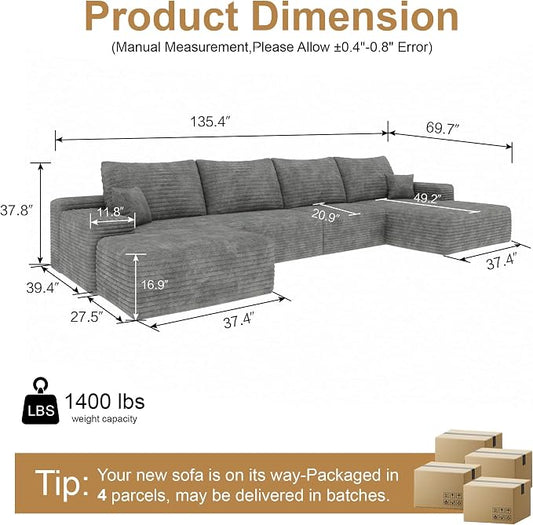 AUGOP 136" Sectional Couches for Living Room Modern Modular Sofa with L-Shape Couchs Upholstered Boneless Couch Deep Seat Sectional Couch with Chaise (Grey, Right Facing Chaise+3Seaters+Ottoman)