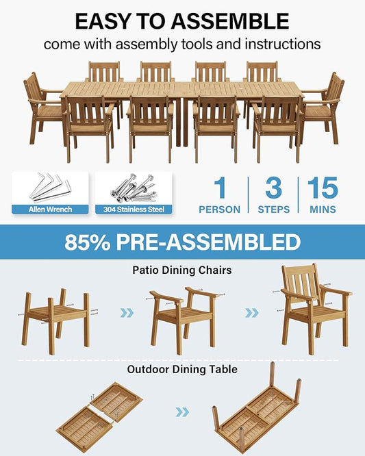 YEFU Outdoor Patio Dining Sets: All Weather 12 Piece Dining Table Set for 10 with Umbrella Hole & Aluminum Frame - Outdoor Furniture Patio 2 Table and 10 Chairs for Outside Backyard/Porch/Deck Teak
