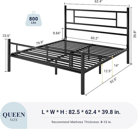 Allewie 14 Inch Queen Size Metal Platform Bed Frame with Headboard and Footboard, Underbed Storage, Strong Metal Slats Support, Mattress Foundation, No Box Spring Needed, Easy Assembly, Black