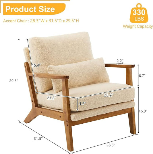 Karl home Mid-Century Lounge Accent Chair, Khaki | Wide Curved Armrest, Teddy Fleece, Lumbar Pillow Included, Solid Wood Frame, For Living Room, Bedroom, Balcony, Apartment