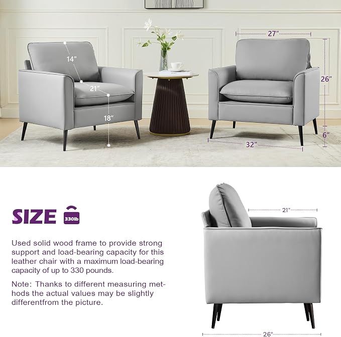 TYBOATLE Accent Chairs Set of 2, Faux Leather Chairs, Mid Century Modern Comfy Living Room Chairs, Cozy Office Reading Chair, Reception Armchairs for Office, Bedroom, Waiting Room (Grey) (2)