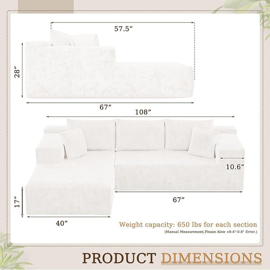 YESHOMY Boneless Couches for Living Room, 108" Sectional Modular Sectional Sofa with Deep Seat, Cloud Comfy Couch with L-Shape Chaise, Easy Assembly (Chenille, Pearl Cream)