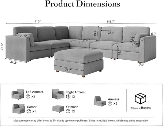 Oversized Modular Sectional Sofa V-Shaped Cloud Couches Gray | Large Deep Seat Couch for Living Room, 7-Seater Luxury Corner Sofa with Ottoman, Solid Wood Frame, Removable Washable Cover