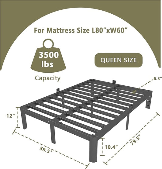 ITIMIDI 12 Inch Queen Bed Frame, Safety Design with Rounded Corner Legs and DIY Headboard, Metal Bed Frame Queen Size, Heavy Duty Steel Slat Support, Noise Free, No Box Spring Needed, Black