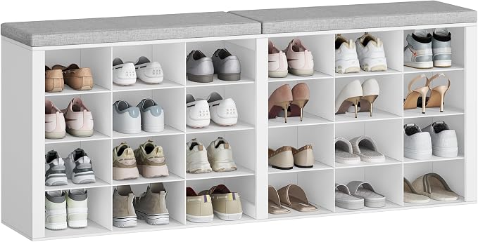 Hzuaneri Shoe Storage Bench with Cushion, Entryway Storage Bench with 24 Cubbies, 9.5" Widened Organizer Cabinet, Long Cubby Rack for Living Room, Bedroom, Entryway, White SB32403GY
