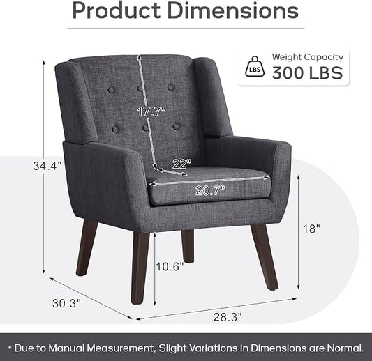 HUIMO Accent Chair Living Room Chair, Upholstered Button Tufted Armchair, Linen Fabric Sofa Chairs for Bedroom, Living Room, Mid Century Modern Comfy Reading Chair (Grey)