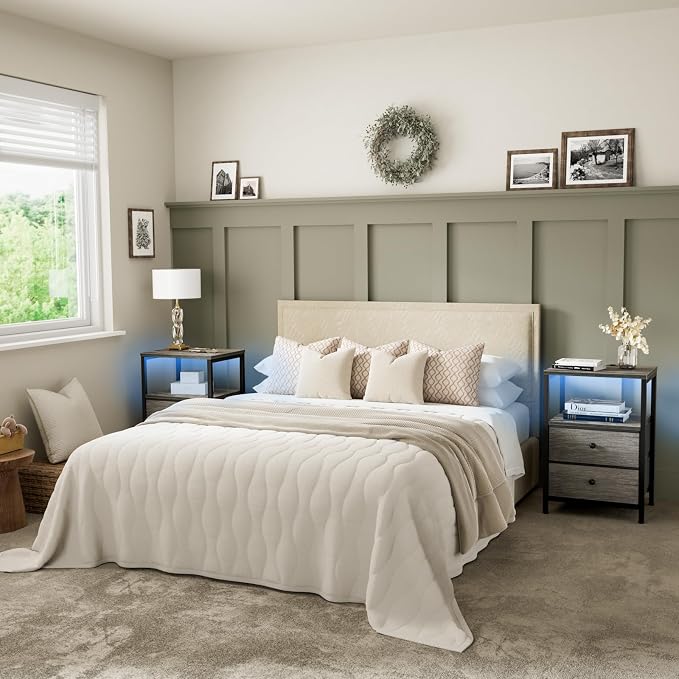 BOLUO Gray Nightstand with Charging Station, LED Night Stand with 2 Fabric Drawers, Bedside Table with USB Ports and Outlets, Nightstand for Bedroom Modern