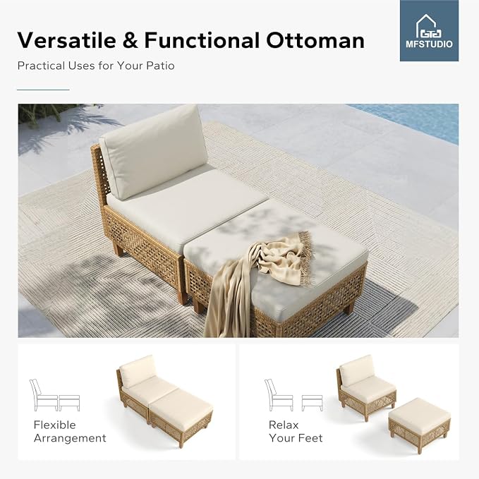 MFSTUDIO Wicker Patio Furniture Set, 2 Pieces Rattan Outdoor Couch Sectional Sofa with Ottoman, Beige