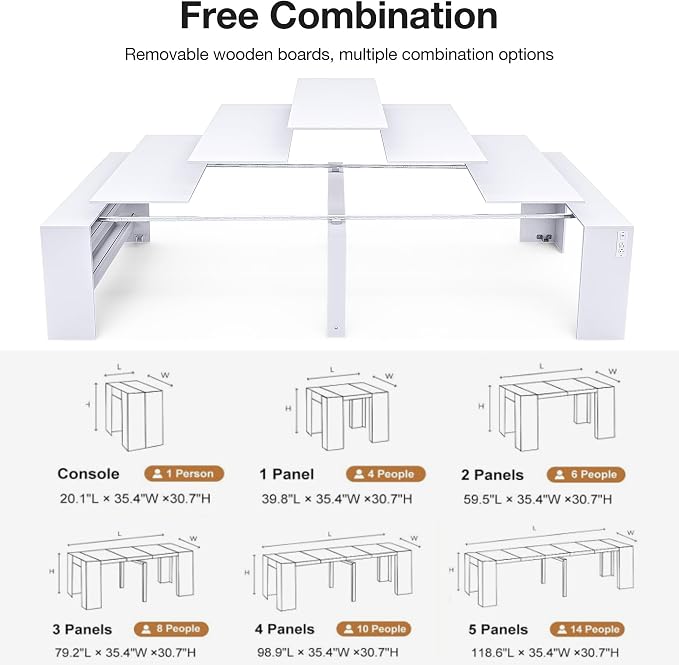 118.2" Modern Extendable Dining Table for 2 to 12 People with Outlet, Space Saving Expanding Table with Storage for Party, Weddings, Meetings, Celebrations (White)