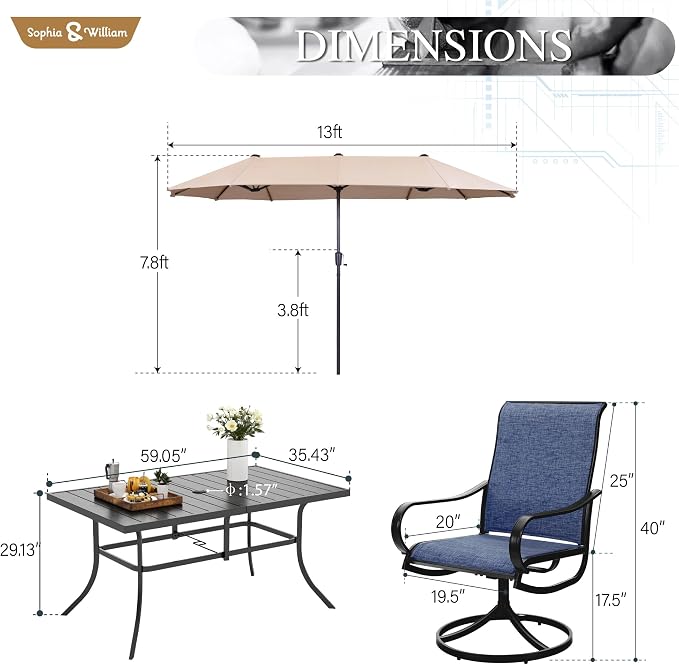 Sophia & William Patio Set with Umbrella 8 Pieces Outdoor Dining Set for 6 with 13ft Umbrella Beige, 6 x Blue Swivel Patio Chairs with 59" Dining Table for Lawn Garden (No Umbrella Base)