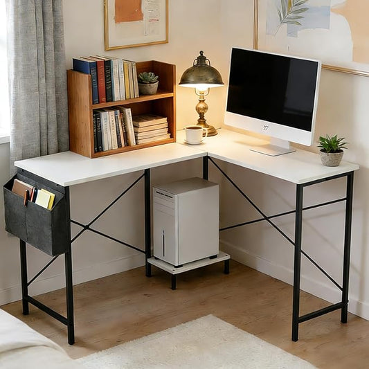 L-Shaped Home Office Computer Desk, Gaming Desk with CPU Stand Shelf and Hanging Storage Pocket, Corner Student Study Writing Table, Sturdy Metal Frame, 43.3" D x 50" W, Classic White