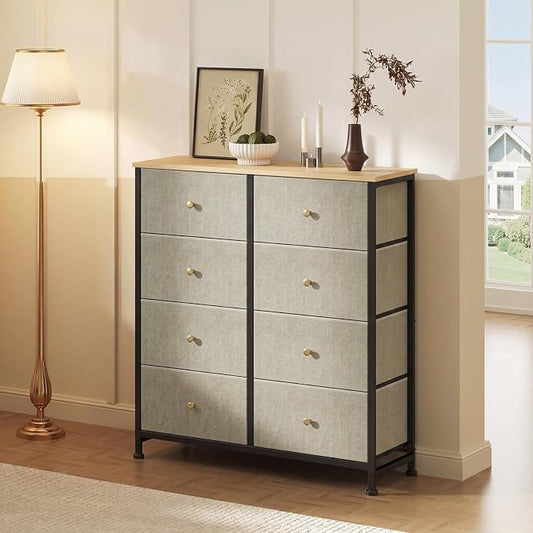 Sweetcrispy 8 Drawer Dresser for Bedroom Tall, Organizer Storage Drawers | Fabric Storage Tower, Chest of Drawers with Steel Frame, Wood Top for Living Room, Closet, Dark Green