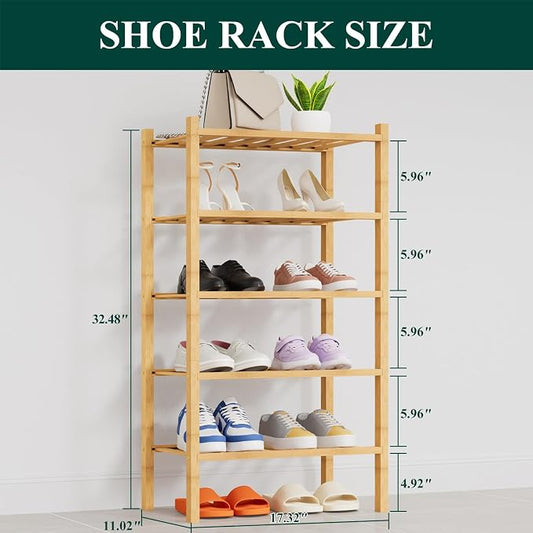 Smiry Small Bamboo Shoe Rack, 5 Tier Free Standing Wooden Shoe Organizer, Stackable Wood Shoe Storage Shelf for Closet, Entryway, 14 Vertical Slats, 2+2+1 Stack Thicker Legs, 17.3"x11"x32.5", Natural