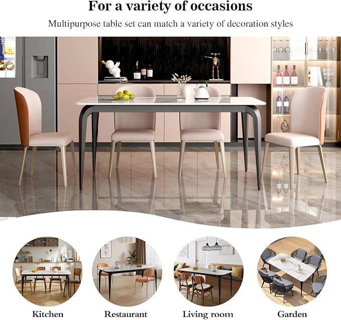 59" White Glossy Rectangular Sintered Stone Dining Table With Metal Legs | Heat, scratch and stain resistant tabletop, Silent Floor Pads, for small spaces like kitchens
