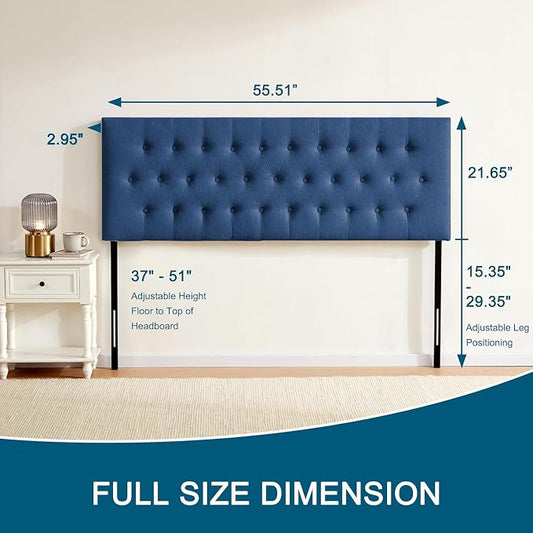 Tufted Upholstered Headboard Full Size, Adjustable Height 37- 51 in, Blue | Sturdy and Durable Solid Wood Full XL Headboard, Fabric Full Headboard Only, Modern Button Diamond Design Head Board