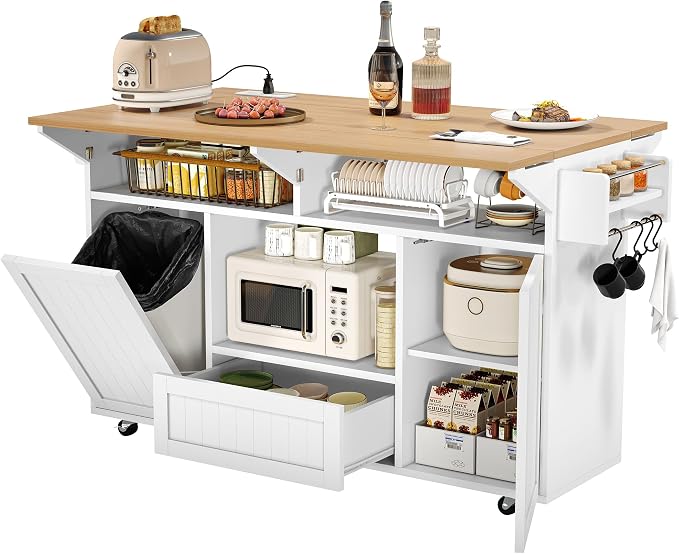 Einhomn 65" Kitchen Island with Power Outlet & Drop Leaf, Island Table for Kitchen with Trash Can Storage, Mobile Rolling Kitchen Islands on Wheels with Spice Rack, Towel Rack & 4 Side Hooks, White