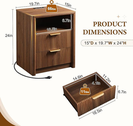 LYNCOHOME 19.7" Fluted Nightstand with Charging Station, 2 Drawer Bedside Table, Modern Night Stand with Curved Edge Design, Wooden End Table for Bedroom, Rounded Night Stand with Storage, Walnut