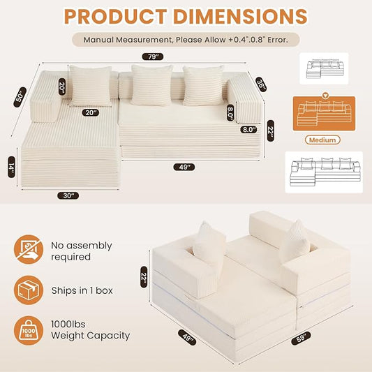 79" Modular Sectional Sofa, Boneless Convertible Sleeper Sofa Bed, Modern Tri-Folding Cloud Couch with L-Shape Chaise, Corduroy Futon for Living Room Small Spaces Apartment, No Assembly, Beige