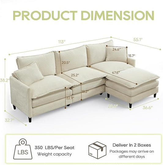 113" Chenille Modular Sectional Sofa, Convertible L Shaped Modular Sofa Comfy Cloud Couch with Ottoman, Side Pockets and 5 Throw Pillows for Living Room (Corduroy White, 113'' - 4 Seat)