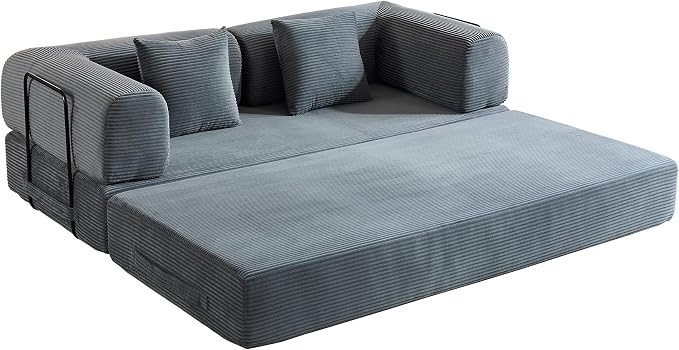 ZEIINPA Comfy Convertible Folding Mattress Couch, Floor Sofa Bed with Fixed-Shape Frame, Corduroy Floor Sofa with Armrest, Floor Sofa Lounge Couch for Living Room Bedroom Lounge Studio,Grey