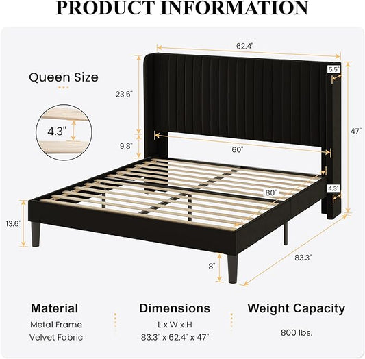 SHA CERLIN Queen Size Velvet Bed Frame with Vertical Channel Tufted Wingback Headboard, Upholstered Platform Bed with Wood Slats, No Box Spring Needed, Easy Assembly, Black