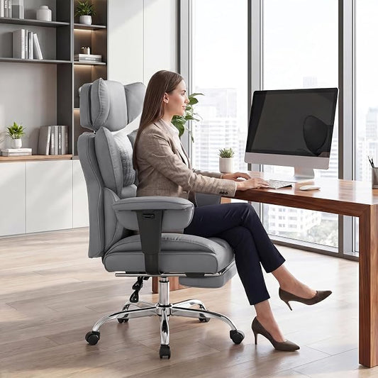 DUMOS Big and Tall Home Office Desk Chair, Ergonomic Executive Chair with Footrest, Computer Gaming Chairs with High Back Reclining, Adjustable Armrests and Comfy Lumbar Support, PU Leather, Grey
