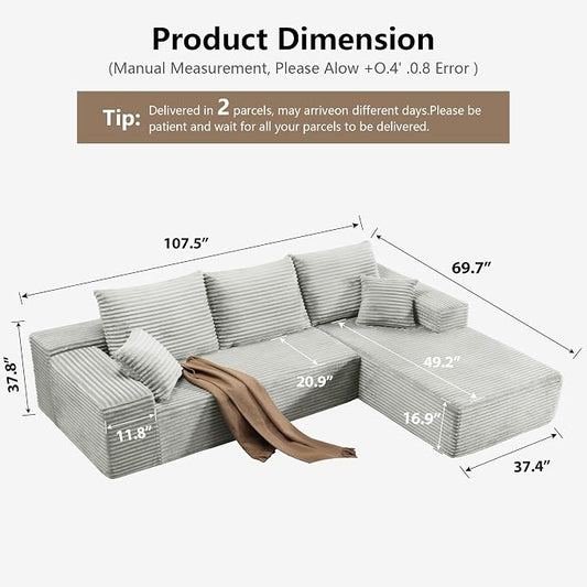 107.5" Cloud Sectional Couch with L-Shape Chaise, Modern Cloud Couch with Deep Seat, Modular Sectional Couches for Living Room, Apartment, Office, No Assembly Required