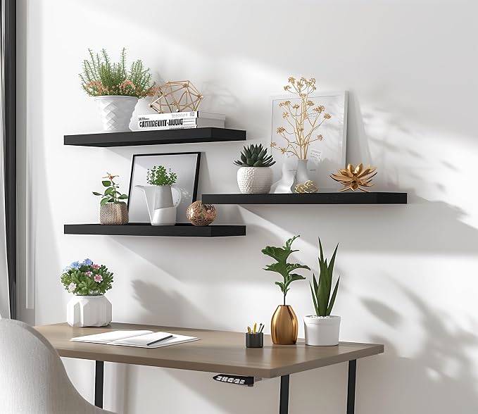 YYWUOJJ Wood Floating Shelves for Wall Decor, Rustic Wall Shelves for Bedroom Bathroom Kitchen Living Room, Set of 4 Black 24 Inch