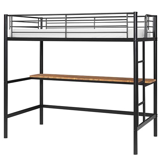 VECELO Metal Loft Bed Twin Size with Desk, Heavy Duty Bedframe with Removable Ladder and Safety Guardrail, Space-Saving, Noise Free, No Box Spring Needed, Matte Black