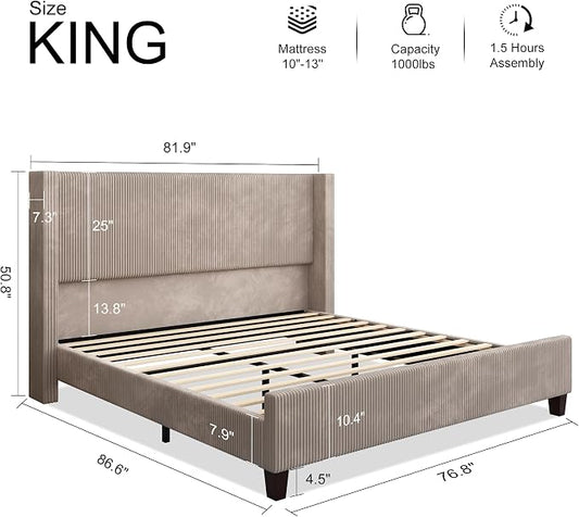 HOWE King Size Bed Frame with 50.8 Inch Corduroy Wingback Headboard, Taupe | Modern Upholstered Platform Bed, Solid Wood Slats, No Box Spring Needed, Noise-Reducing Design