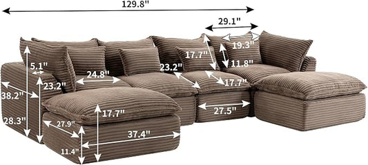 Boneless Couch Sectional Sofas Cloud Couches for Living Room | 130'' Modern Modular Cloud Sofa with Pillows and Ottoman for Bedroom