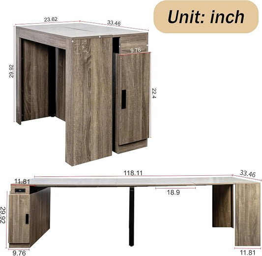 Extendable Dining Table, Transformer Console with Storage & Power Outlets, Space Saving Folding Table for 10-12 People, Modern Dining Furniture, Grey