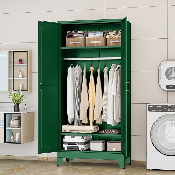 Metal Wardrobe Storage Cabinet with Hanging Rod,71'' Metal Clothing Cabinet with 2 Doors and 2 Adjustable Shelves for Bedroom, Laundry Room, Cloak Room (2 Doors-71'', Green)
