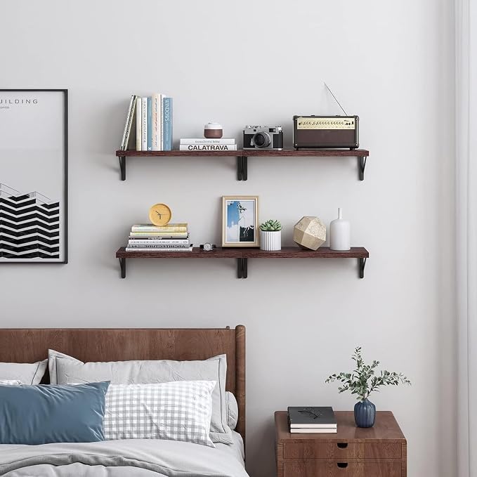 YGEOMER Floating Shelves for Wall, Different Sizes Walnut Red Brown Wall Shelves for Living Room, Bathroom, Bedroom, Kitchen, Home Decor (Set of 4)