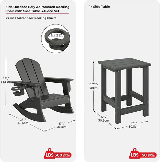 Costaelm Paradise 3-Piece Kids Table and Chairs Set with Toddler Rocking Chairs and Cup Holders, Gray