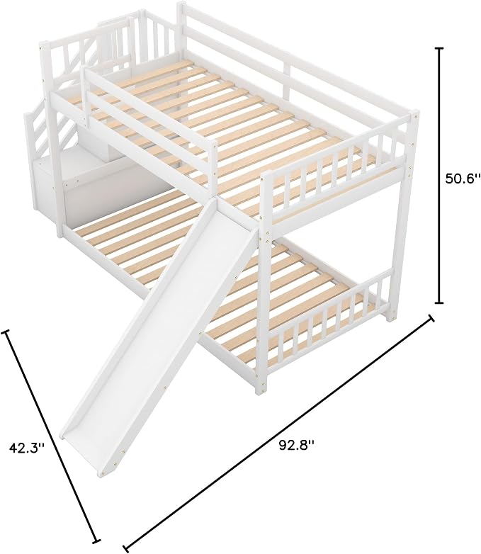 Twin Over Twin Low Bunk Bed with Slide and for Storage Staircase for Teens, Boys or Girls, No Box Sping Needed