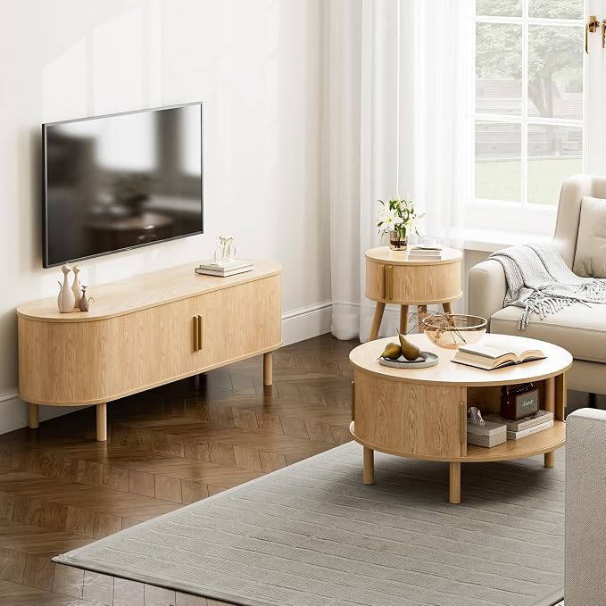 ZttRiee Round Coffee Table with Sliding Doors, Modern, Natural | Ø30.0"D x 16.3"H, 200 lbs capacity, dual sliding-door storage, ~45 min assembly.