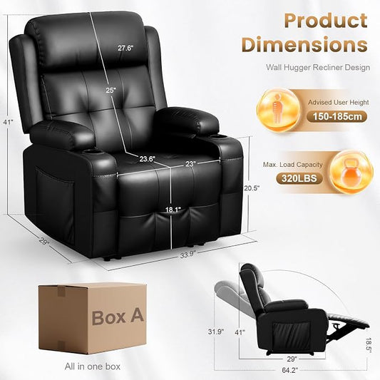 Recliner Sofa Set, Home Theater Seating with Massage, Loveseat Recliner Couch and Recliner Single Chair with USB, Wall Hugger Reclining Movie Theater Chair with Cup Holders, Drawer for Gaming Room