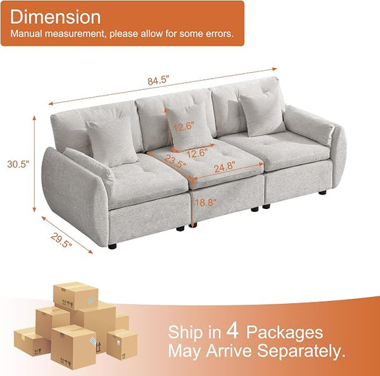 84" Modular Cloud Sofa, Deep Seat Tufted Chenille 3-Seater Sectional Couch with Curved Arms, Comfy Sofas for Living Room, Light Grey