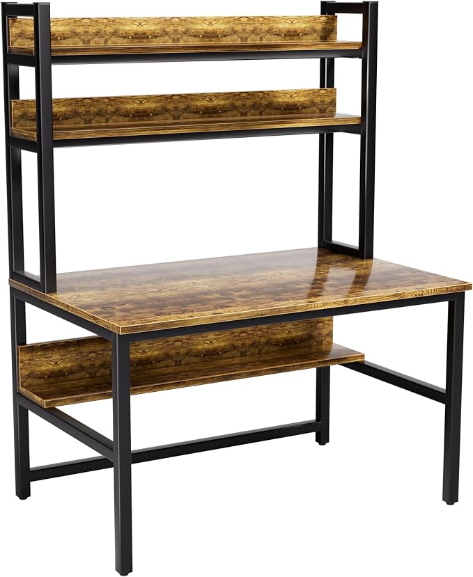 Aquzee Computer Desk with Hutch, 47“W x 23.6" D Desk with Shelves, Tall Home Office Desk with Bookshelf, Metal Legs Study Table with Upper Storage Shelf for Study Writing/Workstation