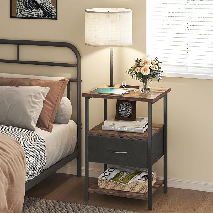 Fixwal Nightstand with Lights Bedside Table with 3 Color Temperatures Bulb, Night Stand with Charging Station End Table with Adjustable Fabric Drawer for Bedroom Dorm