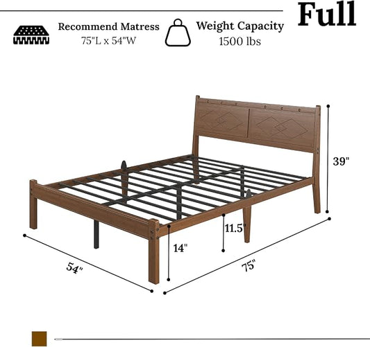 Askeld 14 inch Bamboo Full Bed Frame with Headboard, Light Cottagecore Solid Wood Platform Bed No Box Spring Needed, Easy Assembly, Noise Free, Light Walnut Color
