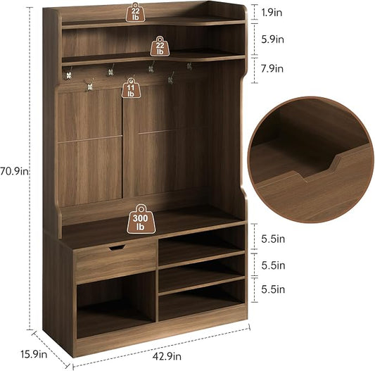 Hall Tree with Bench and Shoe Storage, 5-in-1 Entryway Hall Tree with Coat Rack, Hidden Drawer, 7 Coat Hooks, 3-Tier Shoe Storage for Hallway and Mudroom, Walnut