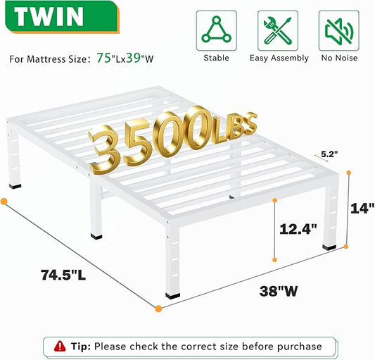 14 Inch Twin Bed Frames, Heavy Duty Metal Platform 3500 lbs Capacity, No Box Spring Needed, 6 Mattress Slide Stopper, Headboard Holes, Noise-Free, Easy Assembly, White